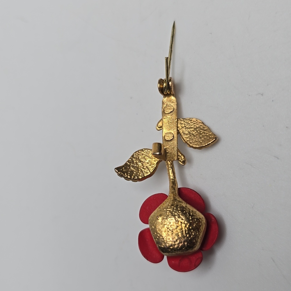 Rose Brooch Red and Gold Vintage - Picture 3 of 5